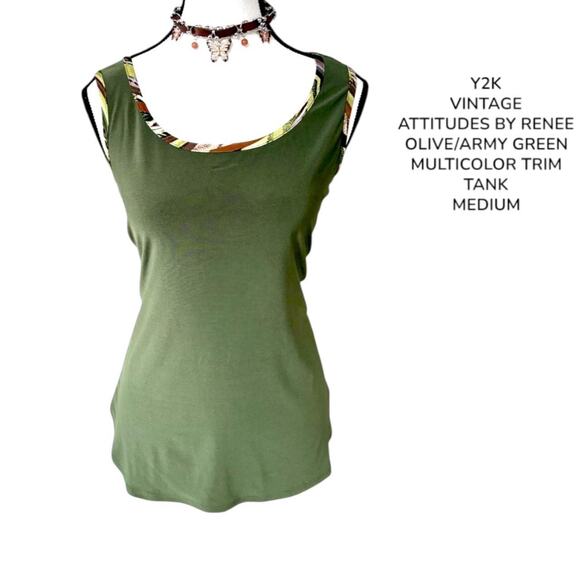 Y2K VTG. OLIVE GREEN TRIMMED RELAXED BLOUSE TANK MEDIUM BY ATTITUDES BY RENEE - Picture 1 of 8